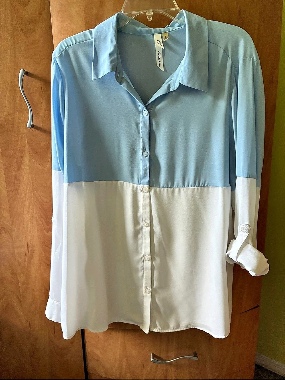 NY Collection Color Block Button-Down Shirt Blue & White XL